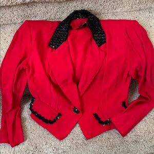 Vintage Signature Sportswear New York Red Jacket with Black Sequin Collar/Flaps